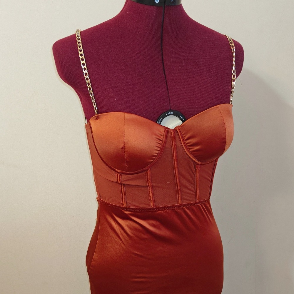 Fashion Nova Bustier Dress Bodycon Satin Corset Mini Gold Chain Straps Medium